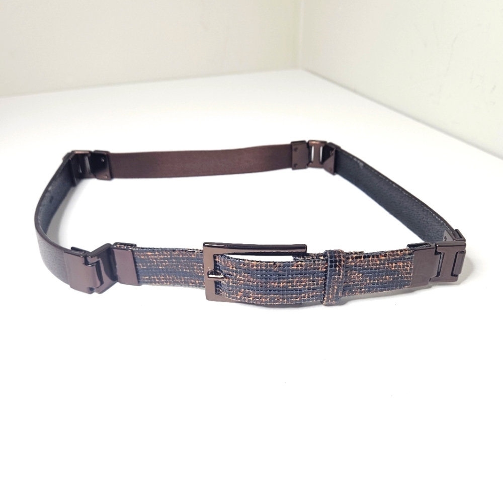 Suzi Roher Belt Segmented Leather Elastic Faux Snakeskin Bronze Metal Buckle M